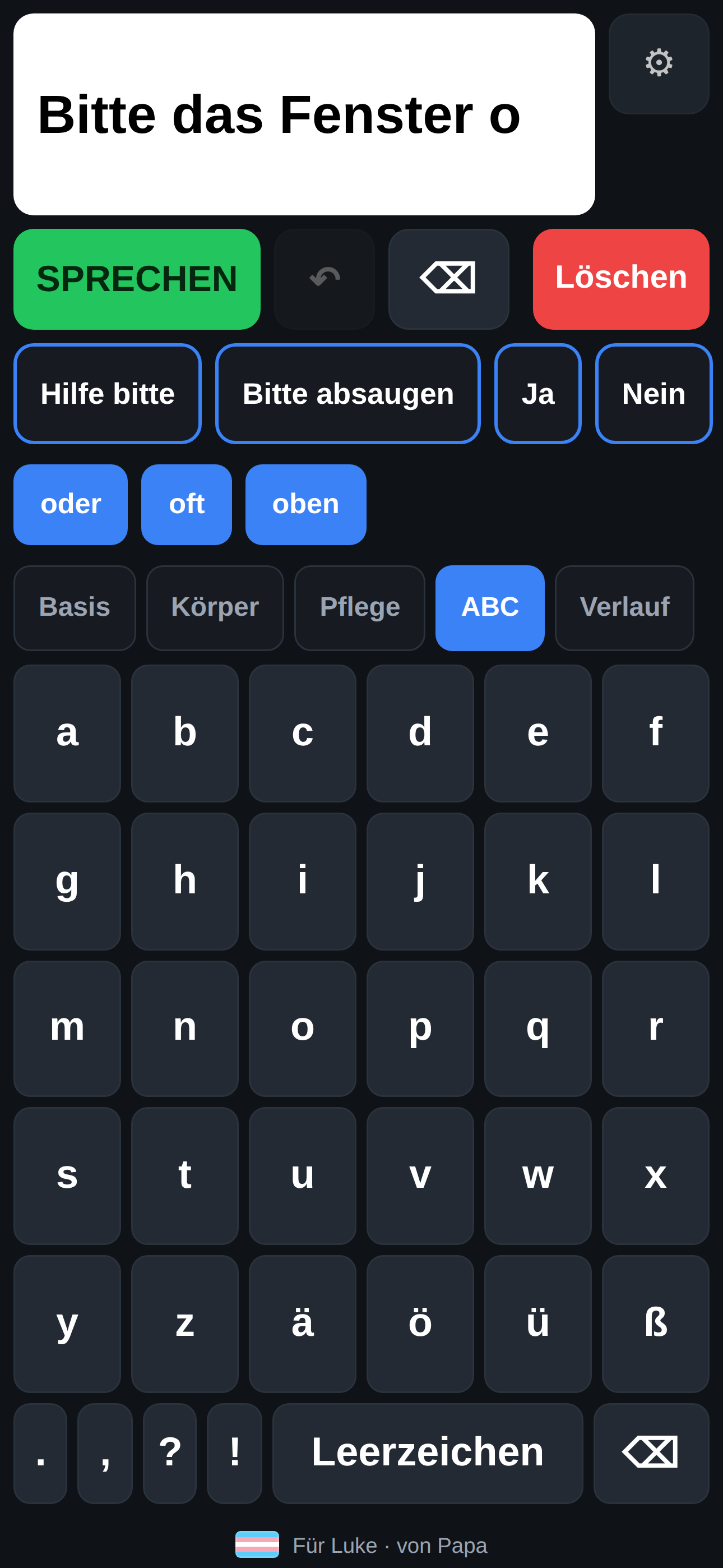 Sprechhilfe: große alphabetische Tastatur mit Wortvorschlägen